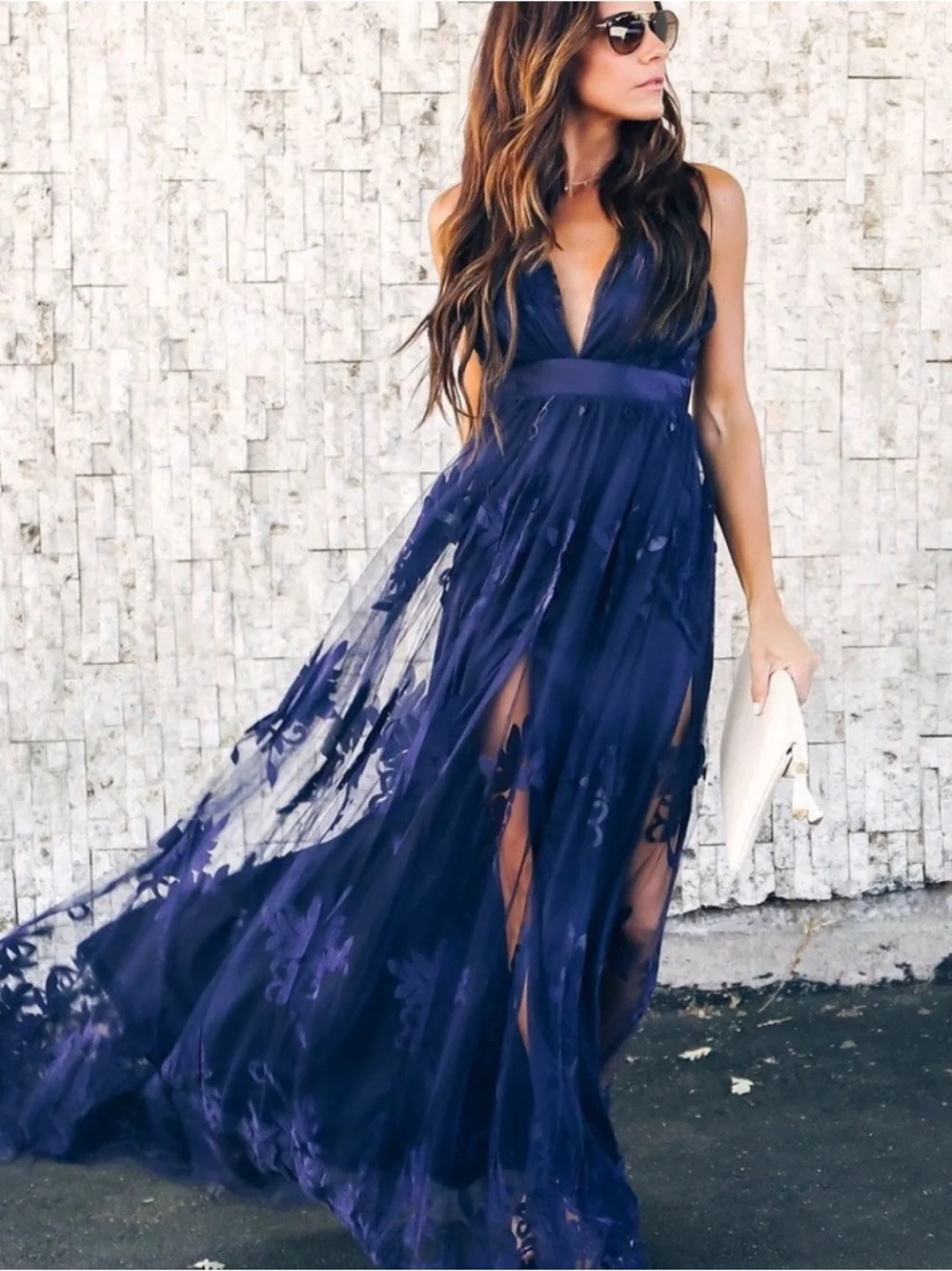 Elegant Navy Sheer Maxi Dress with Plunge V-Neck women dress